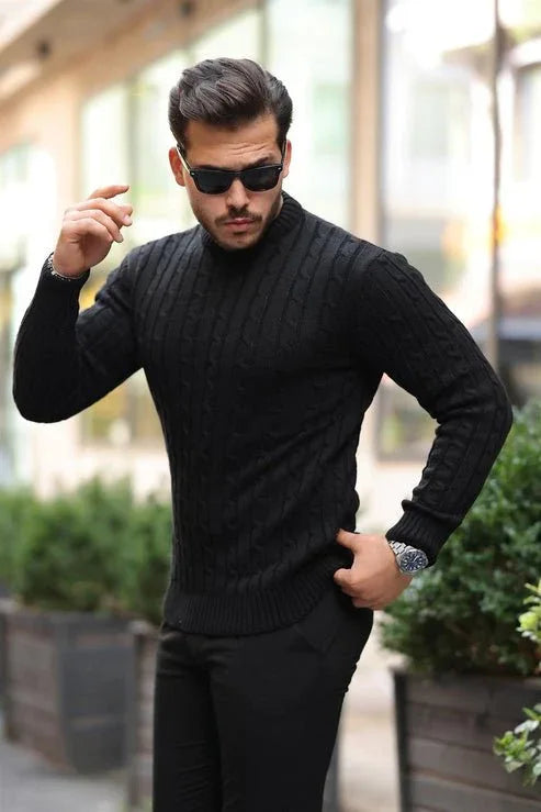 Pull Homme en Tricot avec Motif en Tresse et Col Rond - Justyol