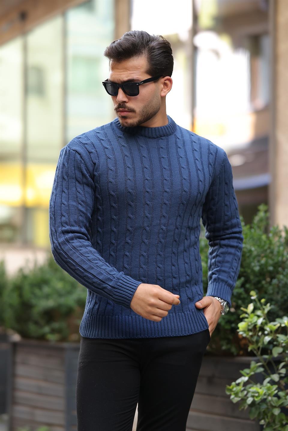Pull Homme en Tricot avec Motif en Tresse et Col Rond - Justyol