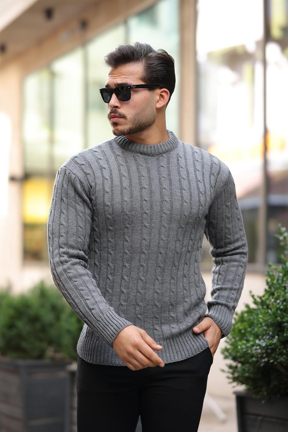 Pull Homme en Tricot avec Motif en Tresse et Col Rond - Justyol