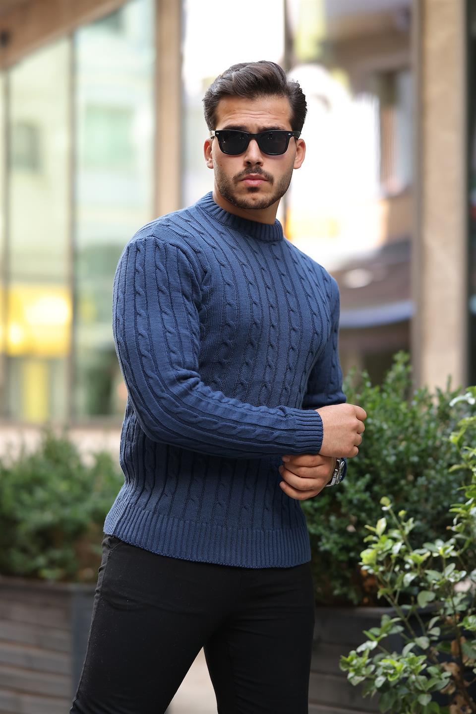 Pull Homme en Tricot avec Motif en Tresse et Col Rond - Justyol