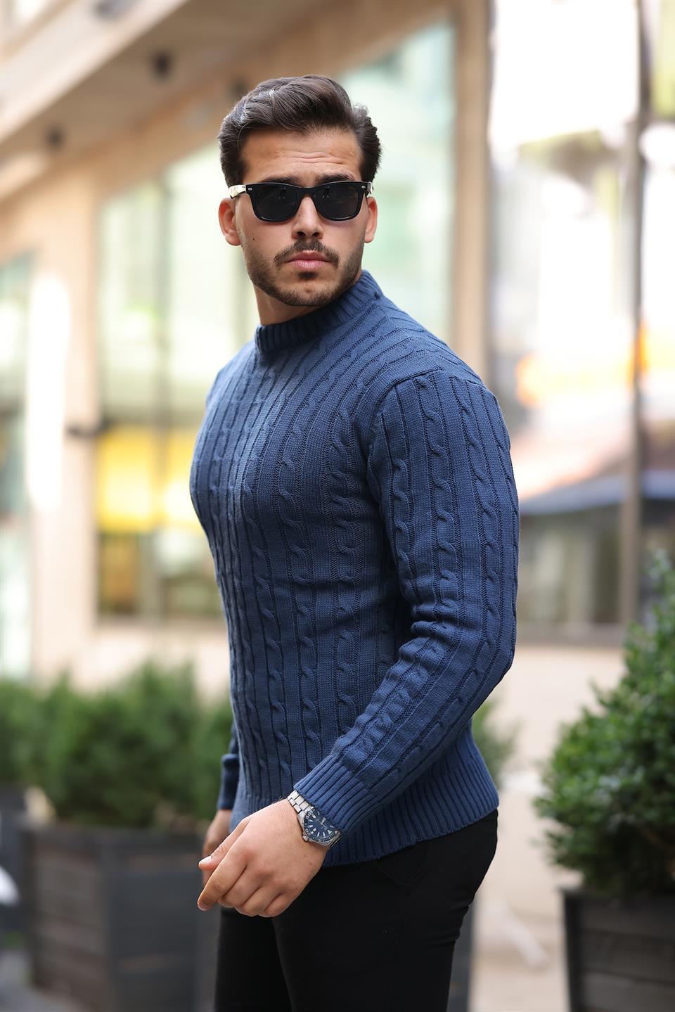 Pull Homme en Tricot avec Motif en Tresse et Col Rond - Justyol
