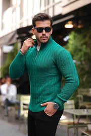 saç örgülü yarim fermuar erkek triko kazak - Justyol