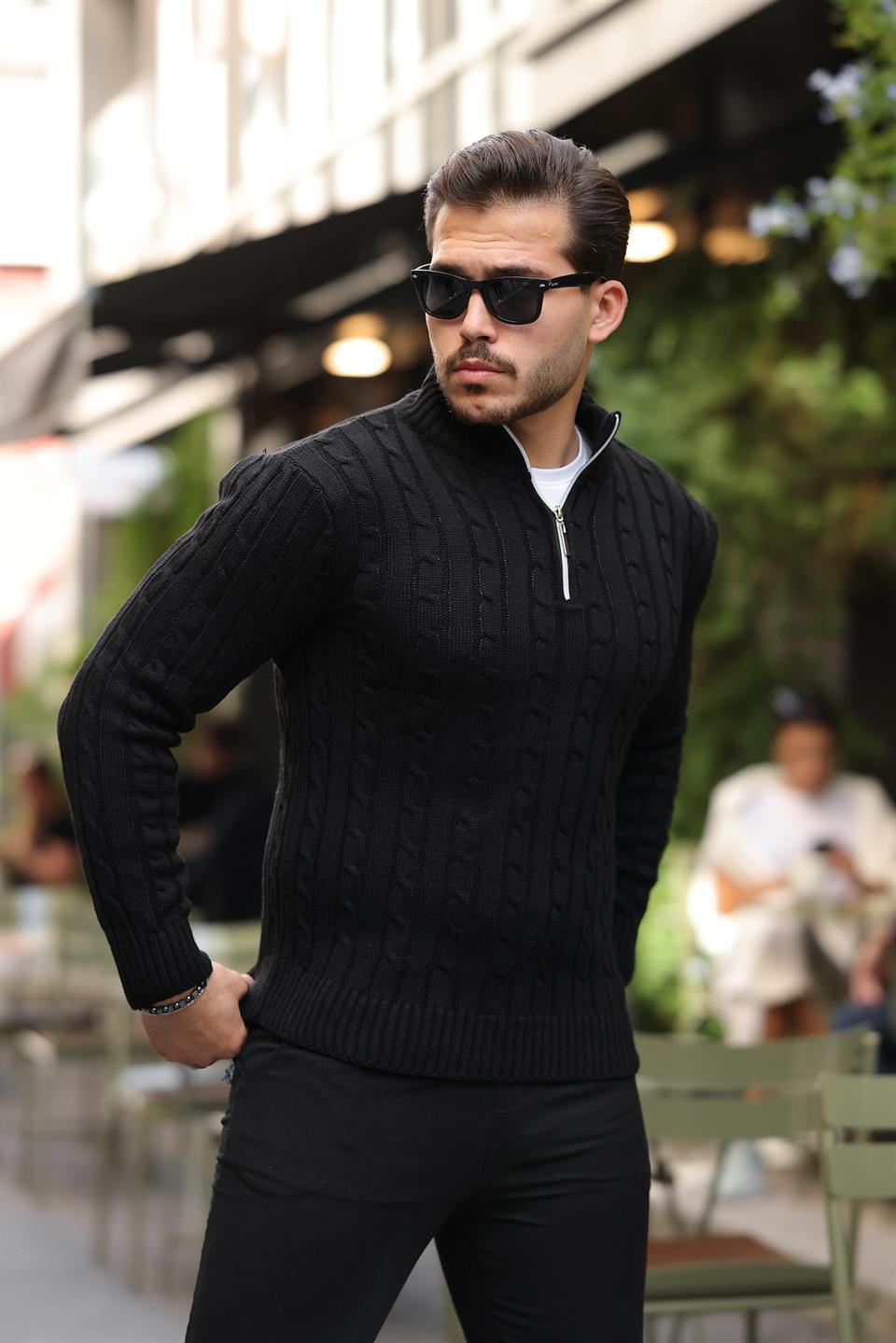 saç örgülü yarim fermuar erkek triko kazak - Justyol