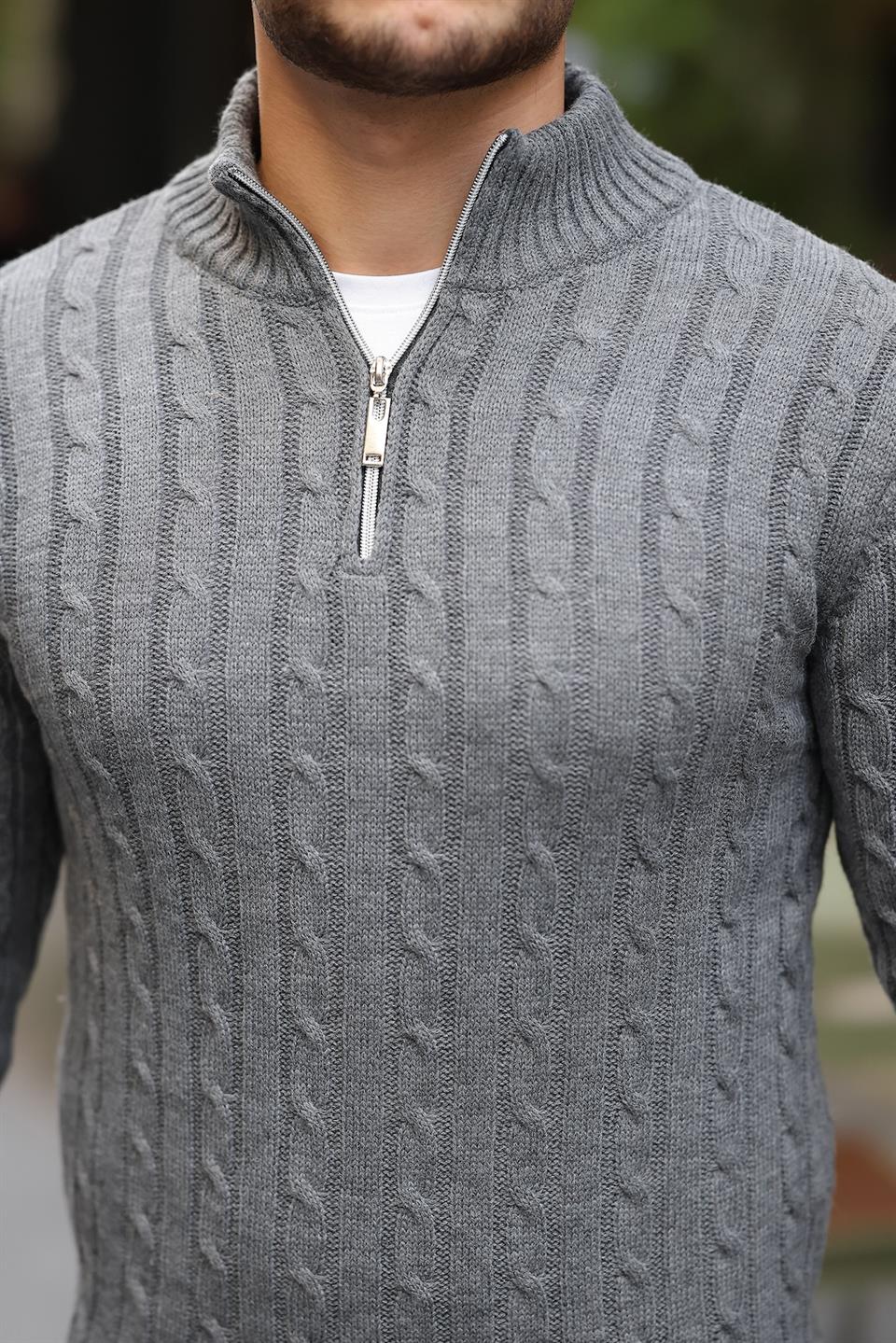 saç örgülü yarim fermuar erkek triko kazak - Justyol