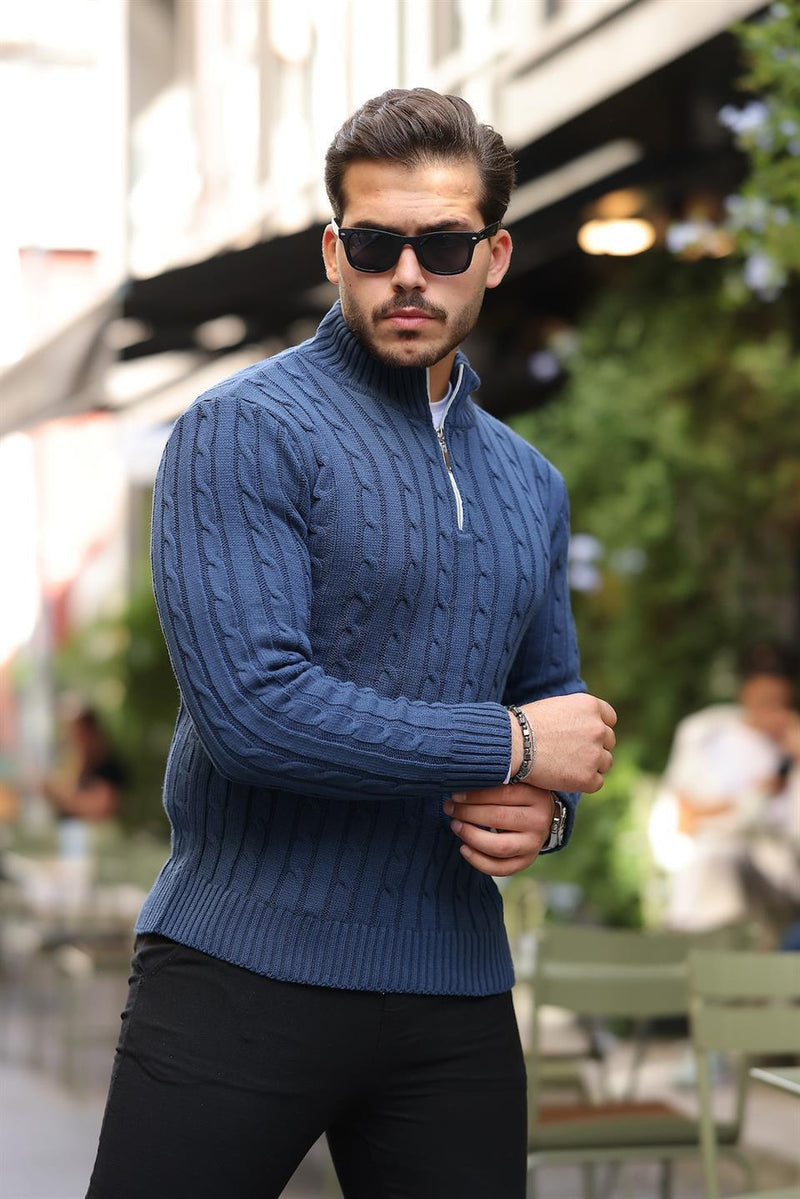 Pull homme en tricot torsadé demi-zip en coton