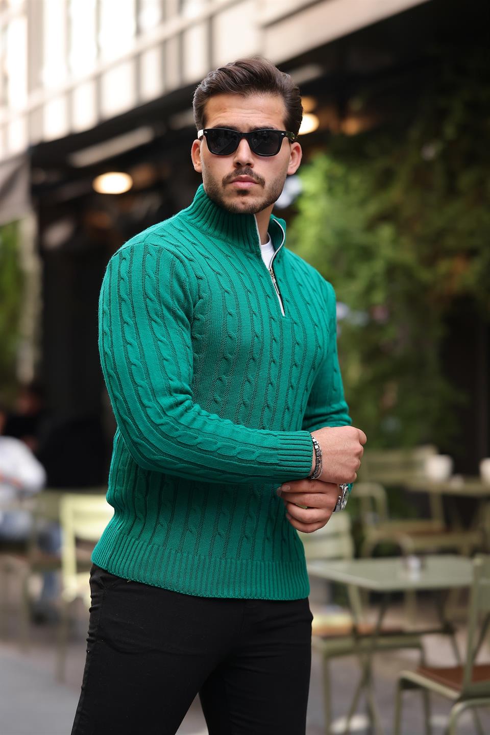 saç örgülü yarim fermuar erkek triko kazak - Justyol