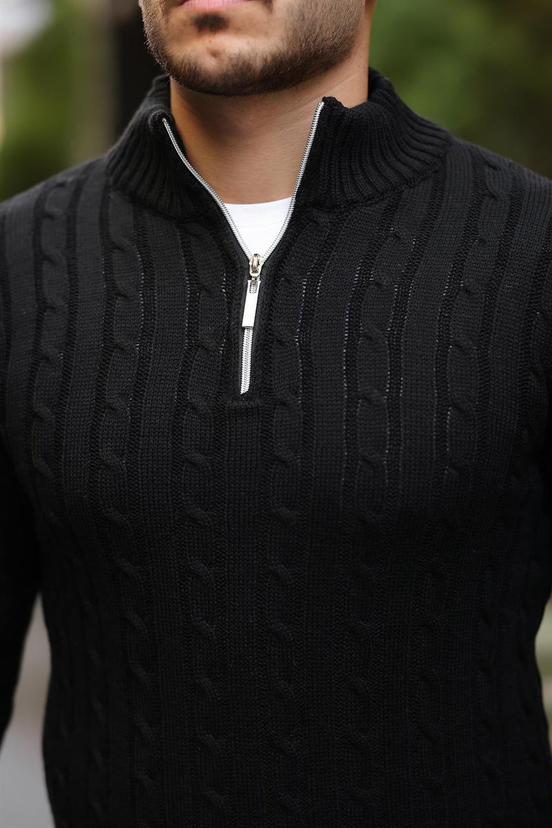 Pull homme en tricot torsadé demi-zip en coton