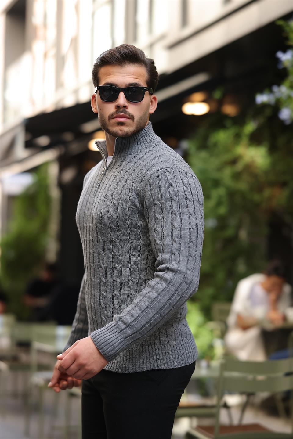 saç örgülü yarim fermuar erkek triko kazak - Justyol