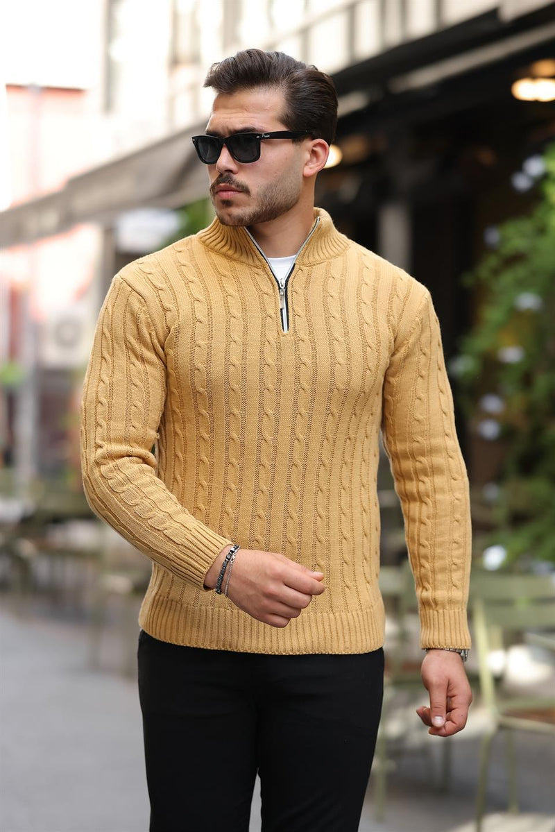Pull homme en tricot torsadé demi-zip en coton