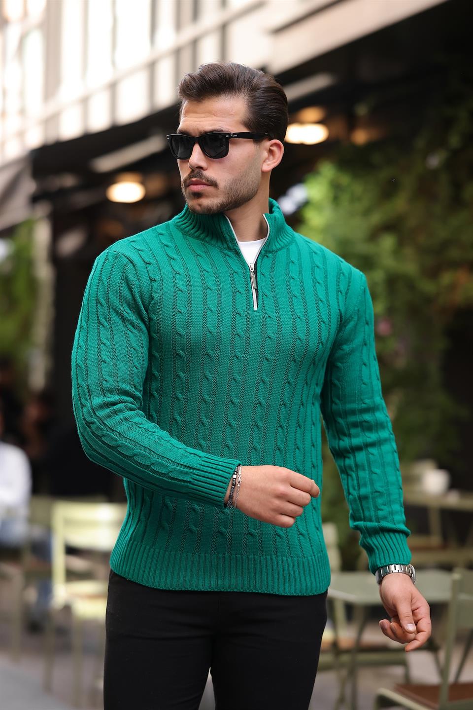 saç örgülü yarim fermuar erkek triko kazak - Justyol