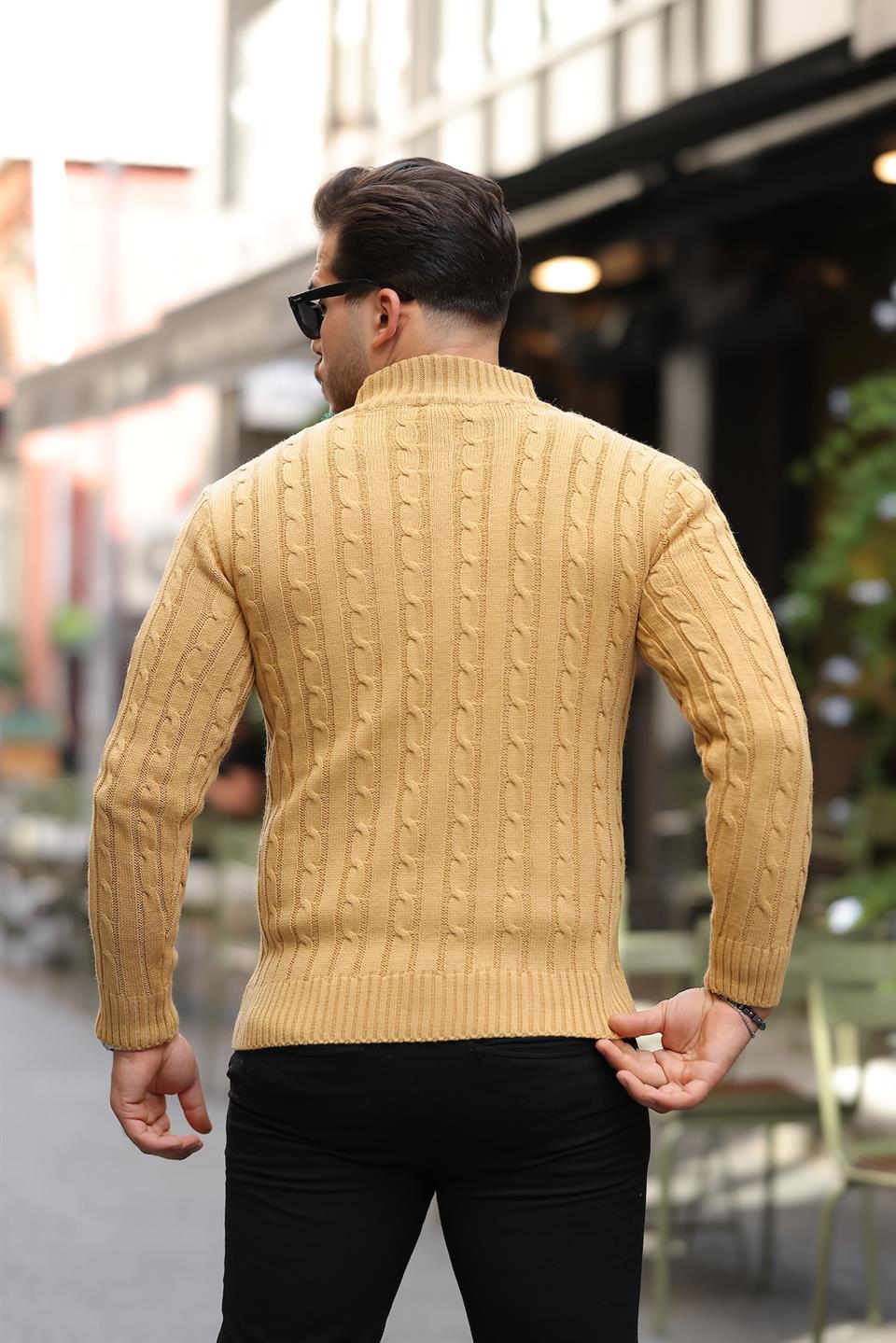 saç örgülü yarim fermuar erkek triko kazak - Justyol