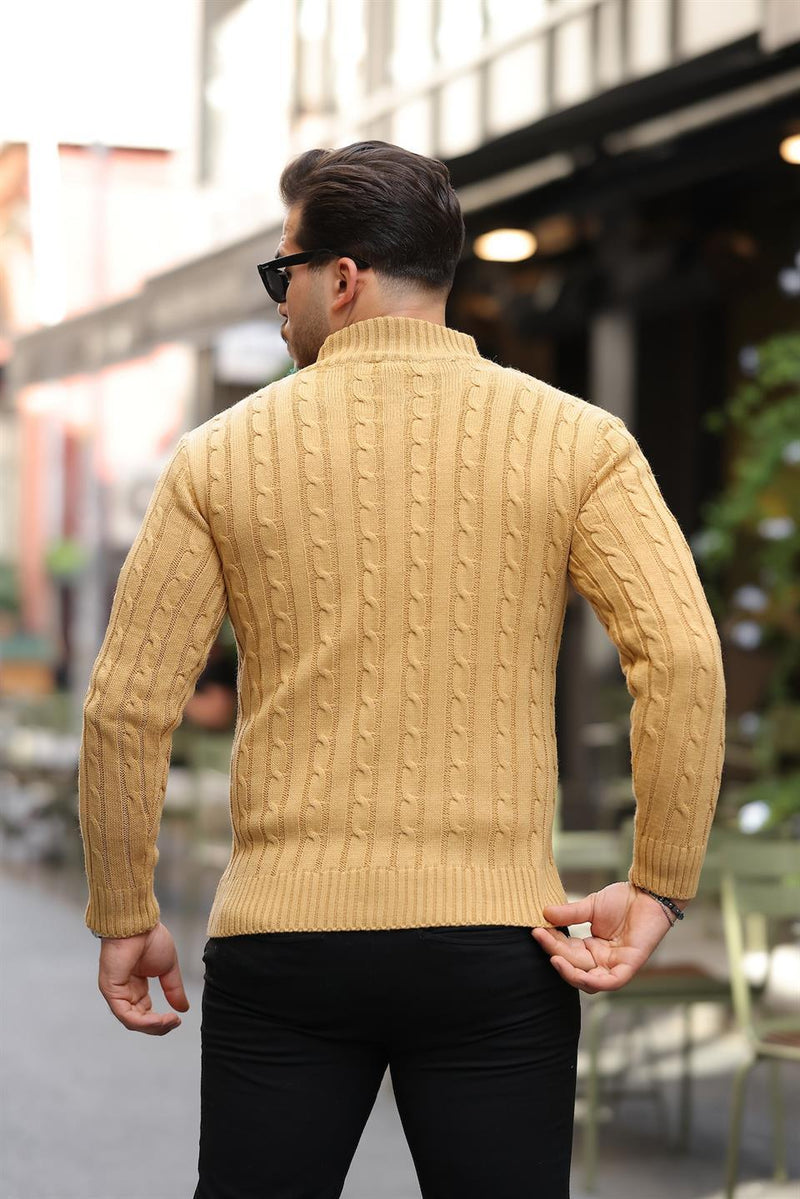 Pull homme en tricot torsadé demi-zip en coton