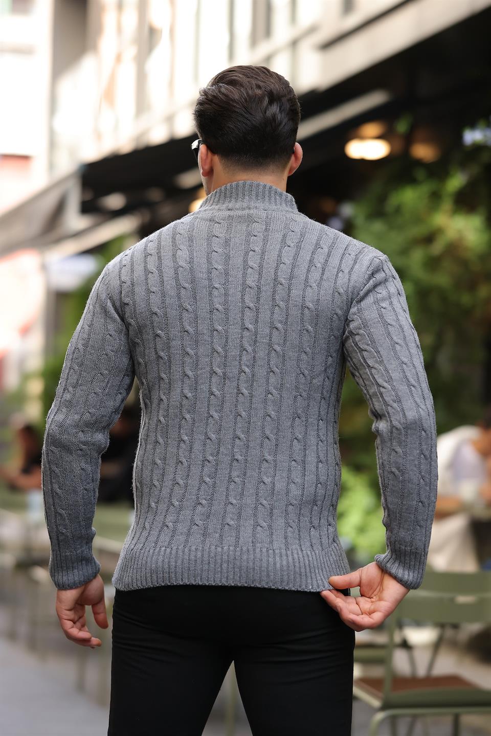 saç örgülü yarim fermuar erkek triko kazak - Justyol