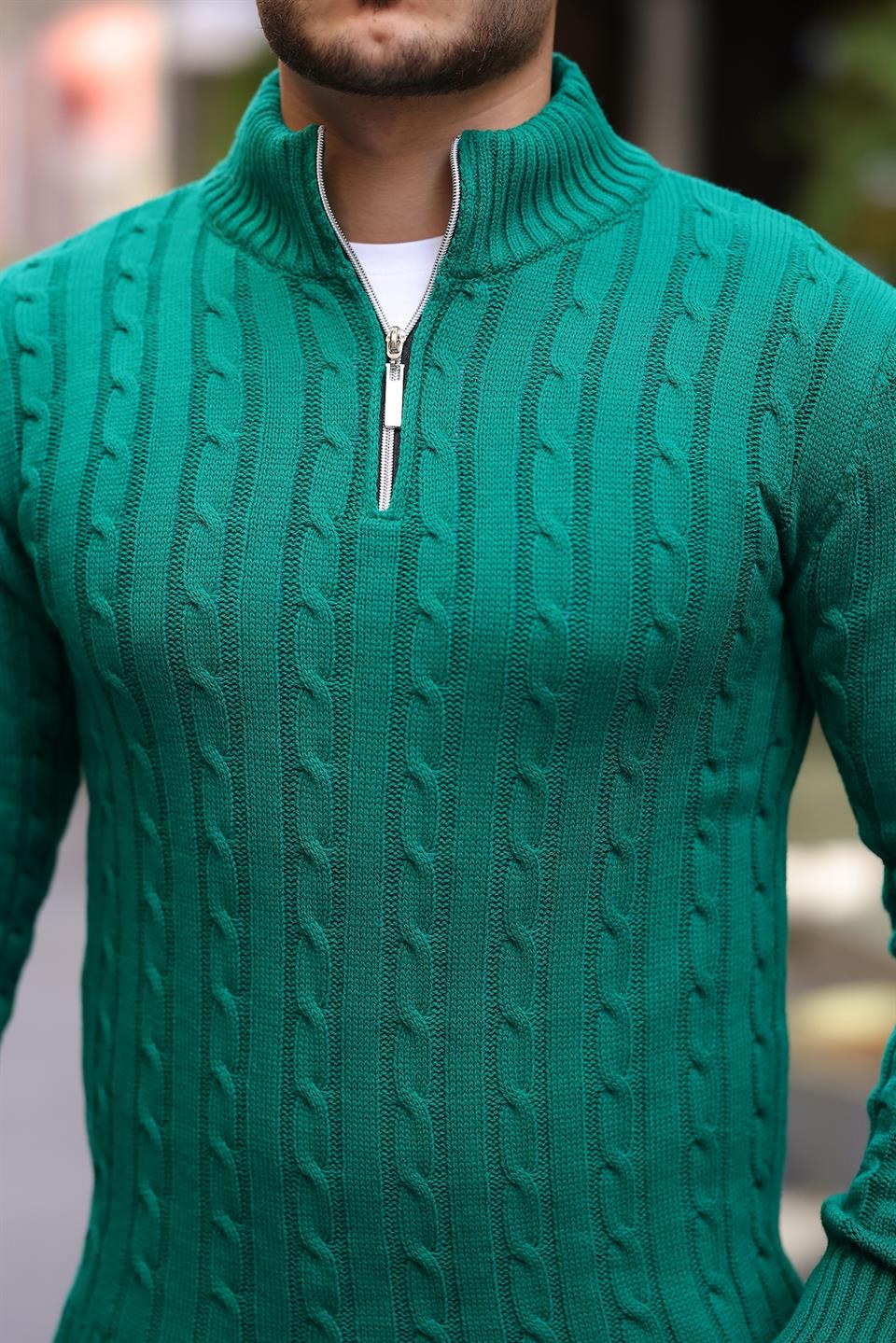 saç örgülü yarim fermuar erkek triko kazak - Justyol