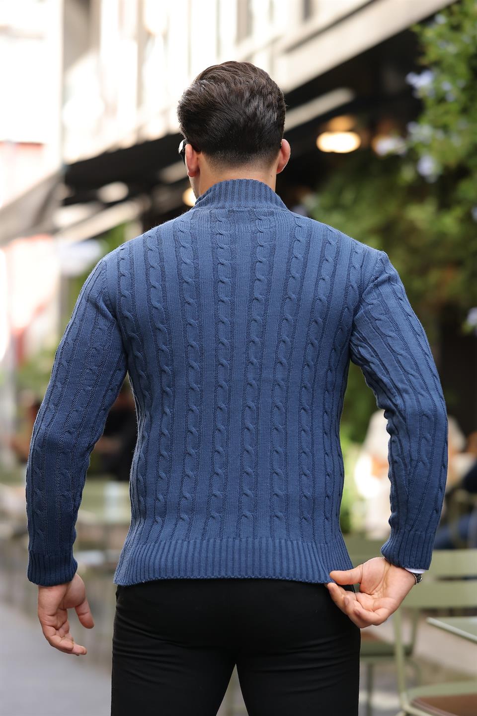 saç örgülü yarim fermuar erkek triko kazak - Justyol