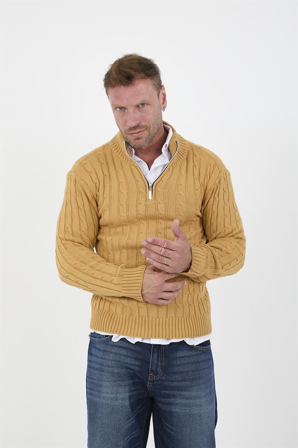 saç örgülü yarim fermuar erkek triko kazak - Justyol