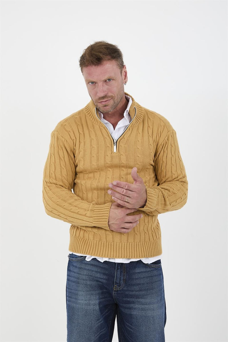 Pull homme en tricot torsadé demi-zip en coton