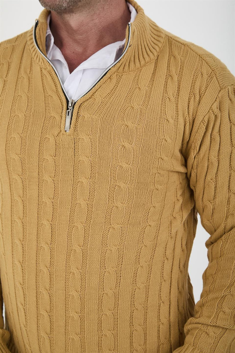 Pull homme en tricot torsadé demi-zip en coton