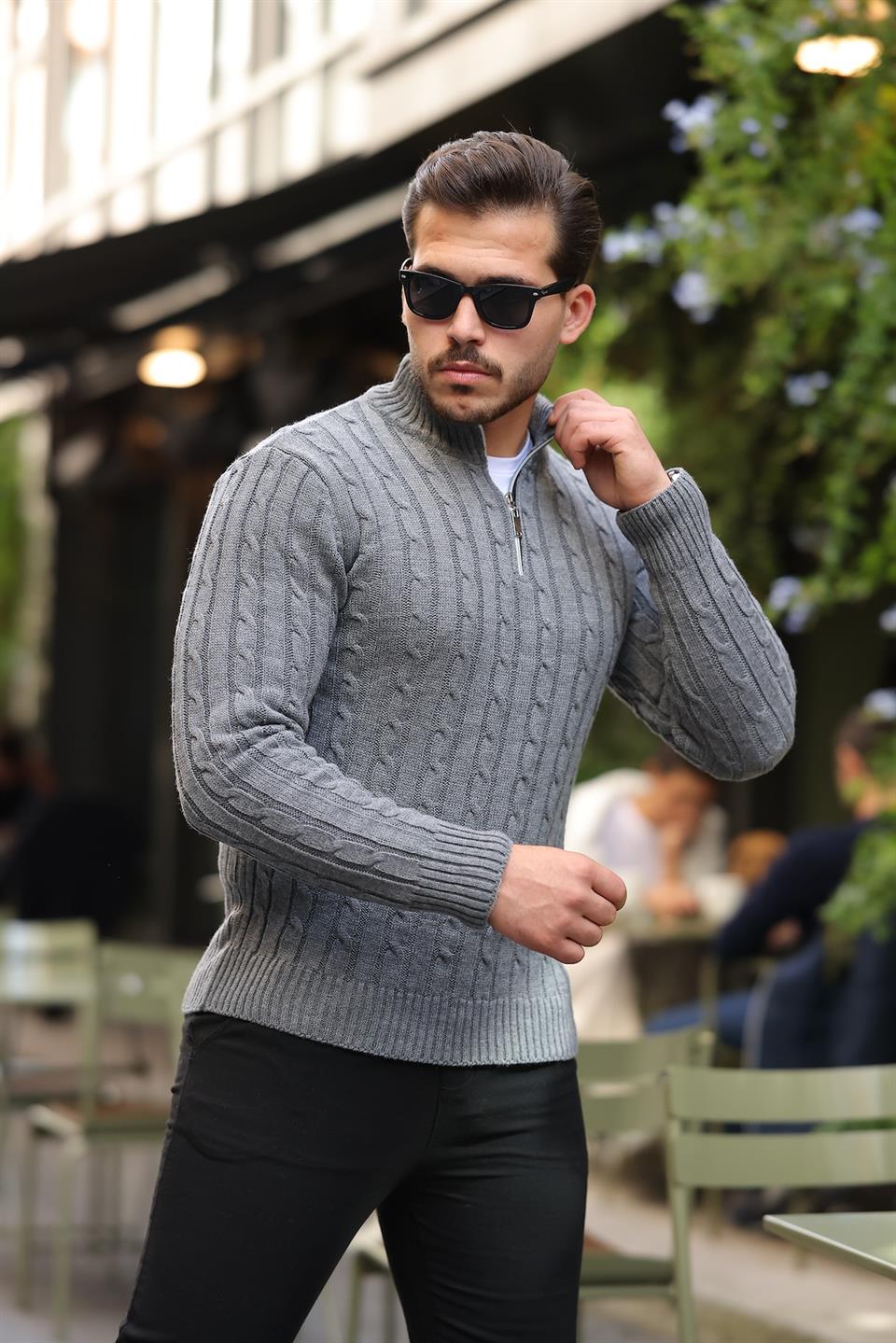 saç örgülü yarim fermuar erkek triko kazak - Justyol