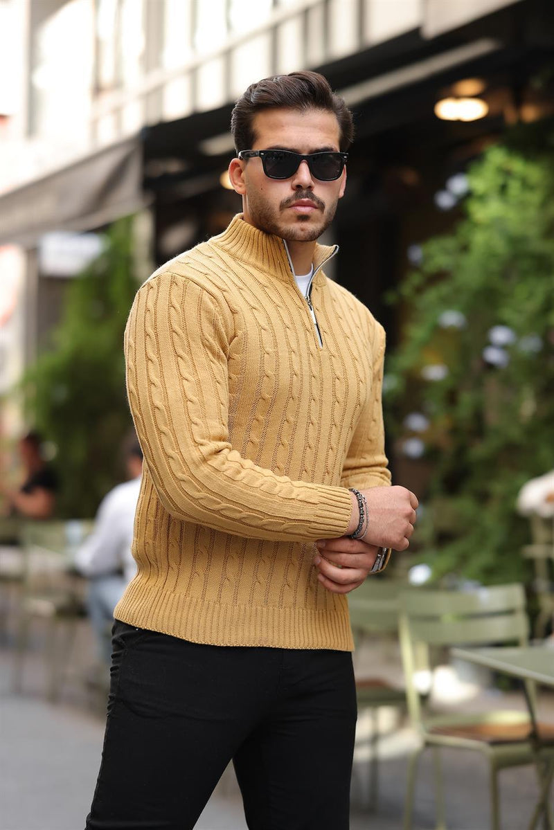 Pull homme en tricot torsadé demi-zip en coton