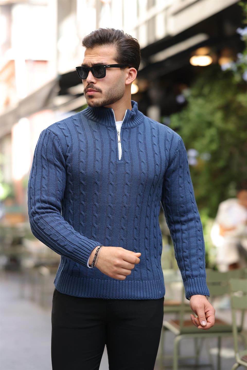 saç örgülü yarim fermuar erkek triko kazak - Justyol