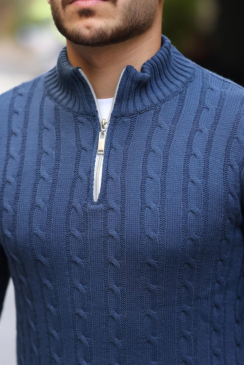 Pull homme en tricot torsadé demi-zip en coton