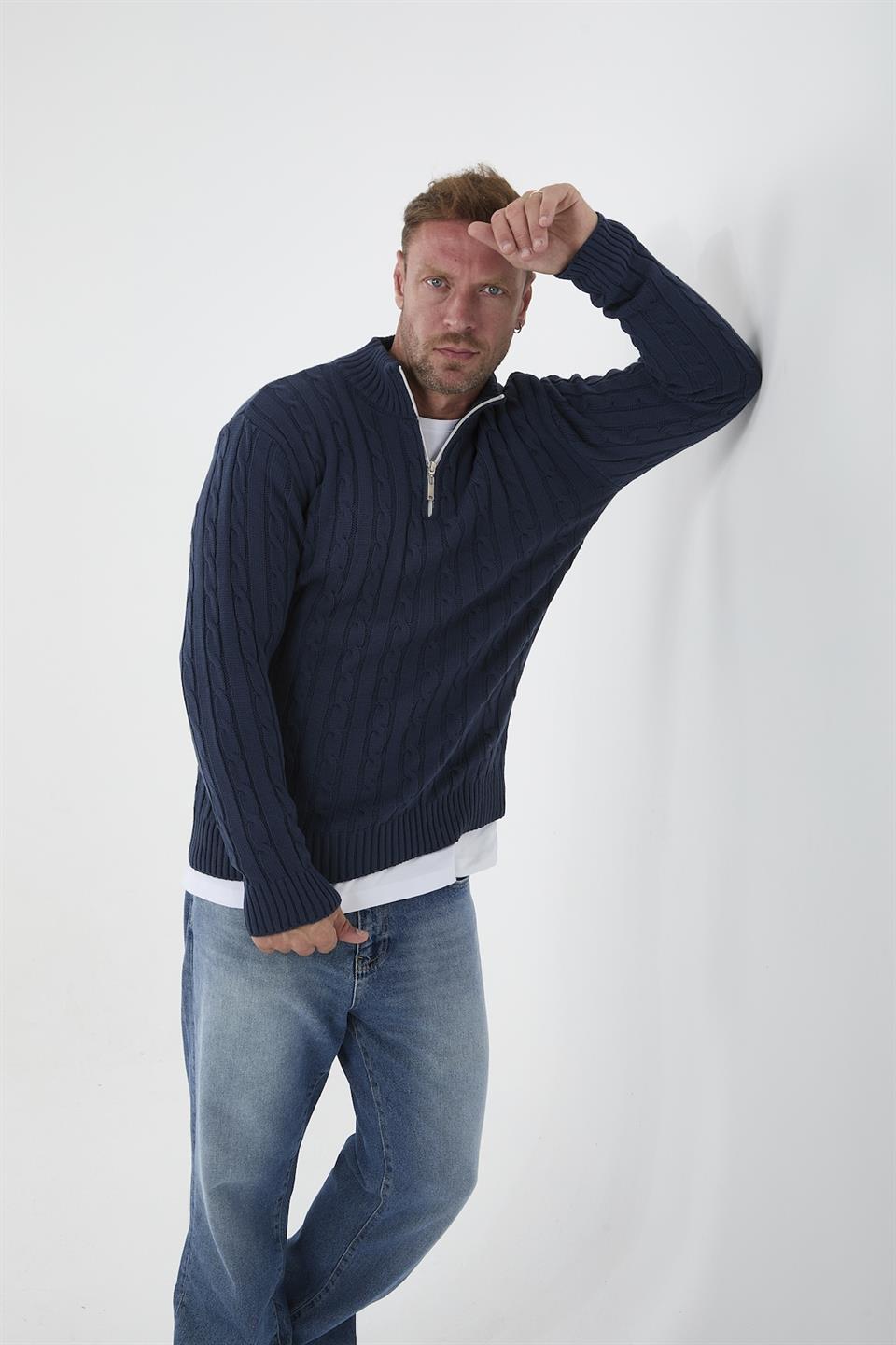 saç örgülü yarim fermuar erkek triko kazak - Justyol