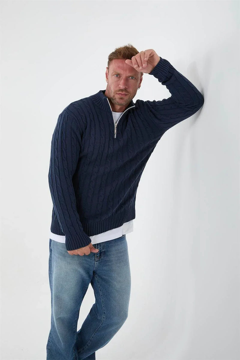 Pull homme en tricot torsadé demi-zip en coton
