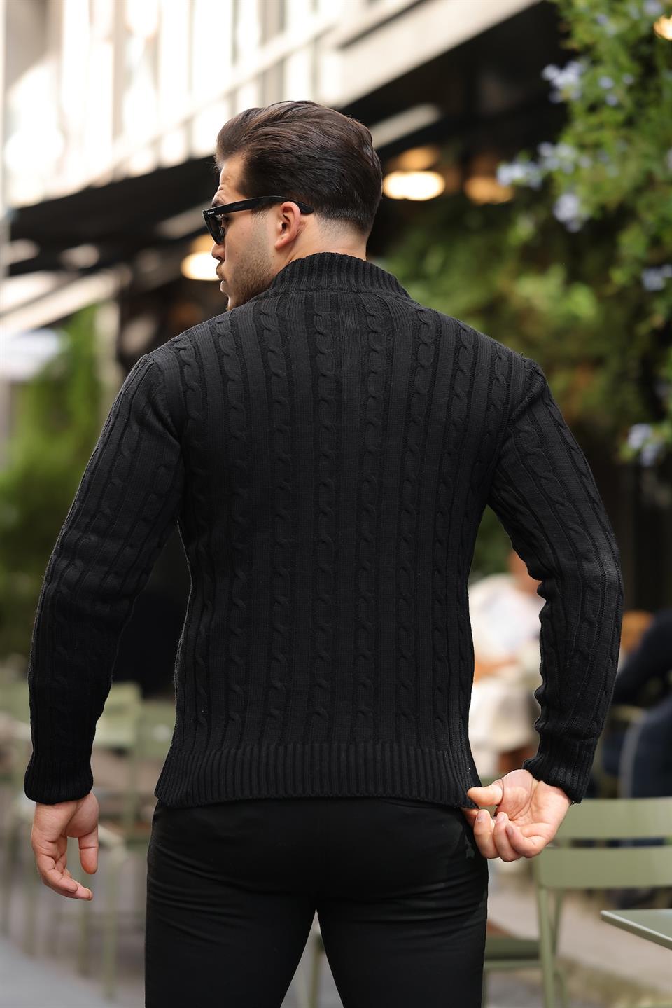 saç örgülü yarim fermuar erkek triko kazak - Justyol