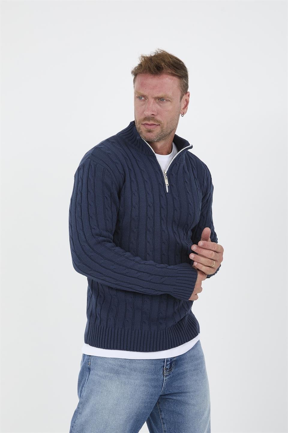 saç örgülü yarim fermuar erkek triko kazak - Justyol