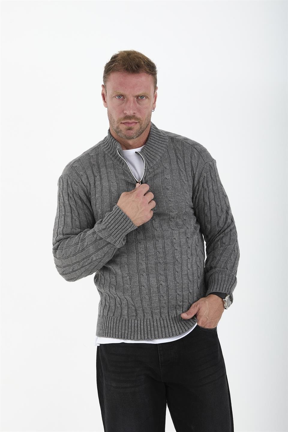 saç örgülü yarim fermuar erkek triko kazak - Justyol