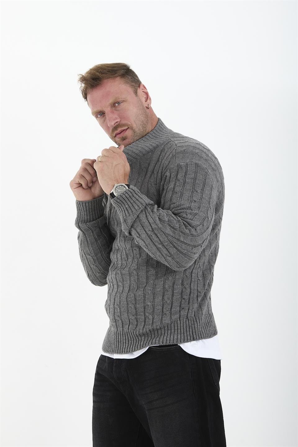 saç örgülü yarim fermuar erkek triko kazak - Justyol