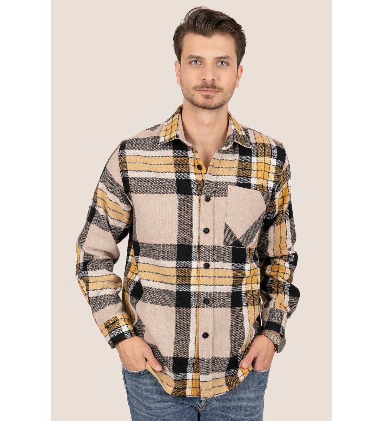 <tc>Chemise oversize épaisse à dégradé jaune et noir, style bûcheron, en boîte cadeau - 20359</tc>