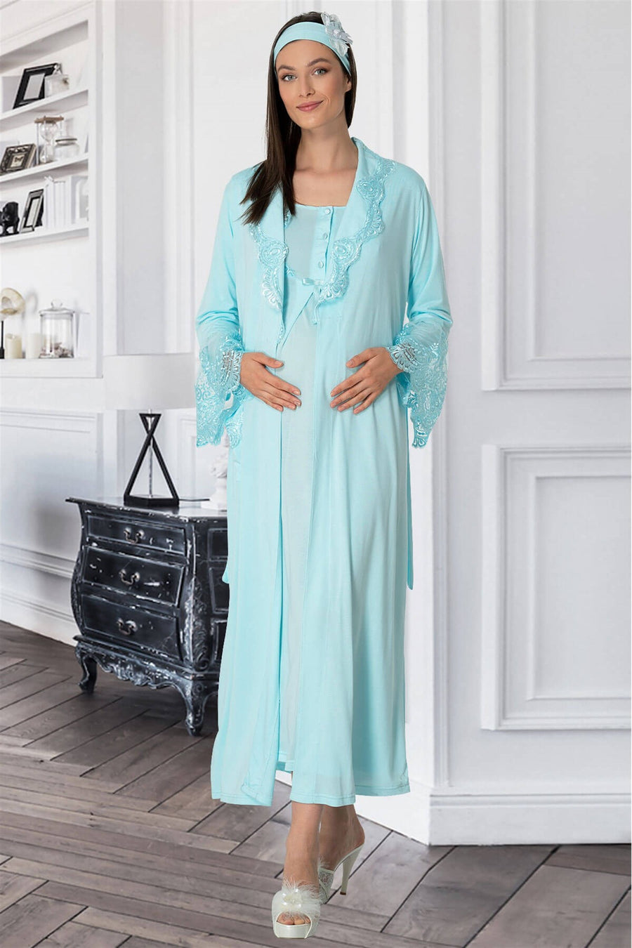 Şehzade Nightgown With Dressing Gown - TURQUOISE