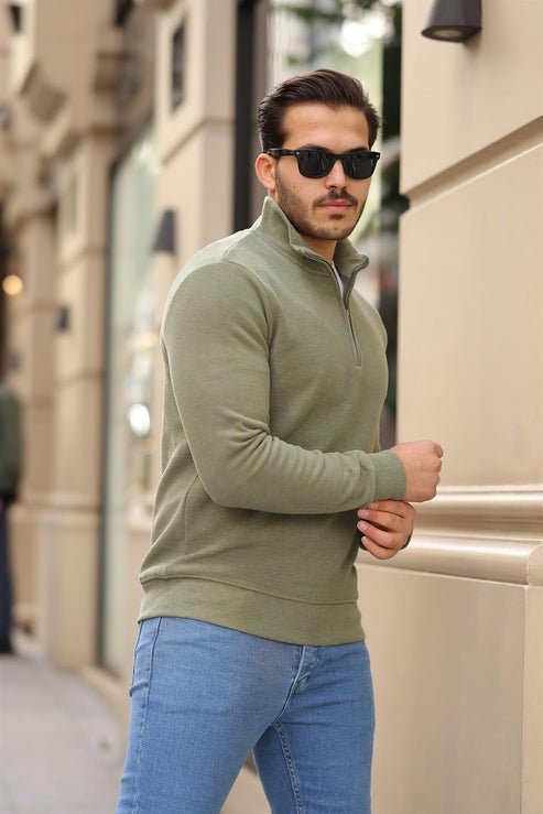 selanik örme kumaş yarim fermuar erkek sweatshirt - Justyol