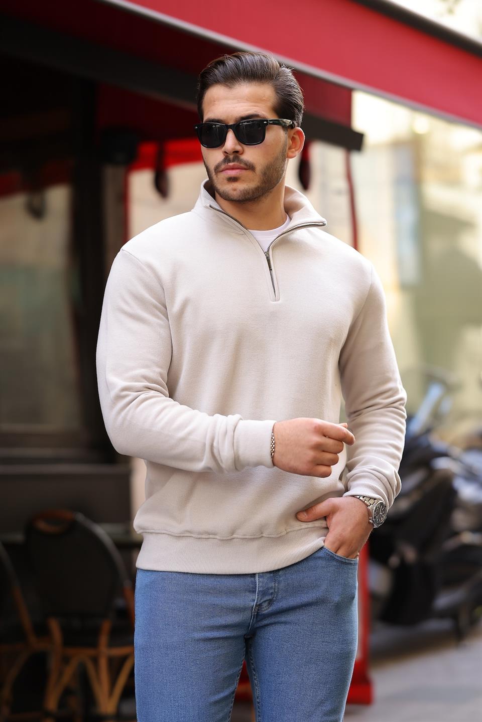 selanik örme kumaş yarim fermuar erkek sweatshirt - Justyol