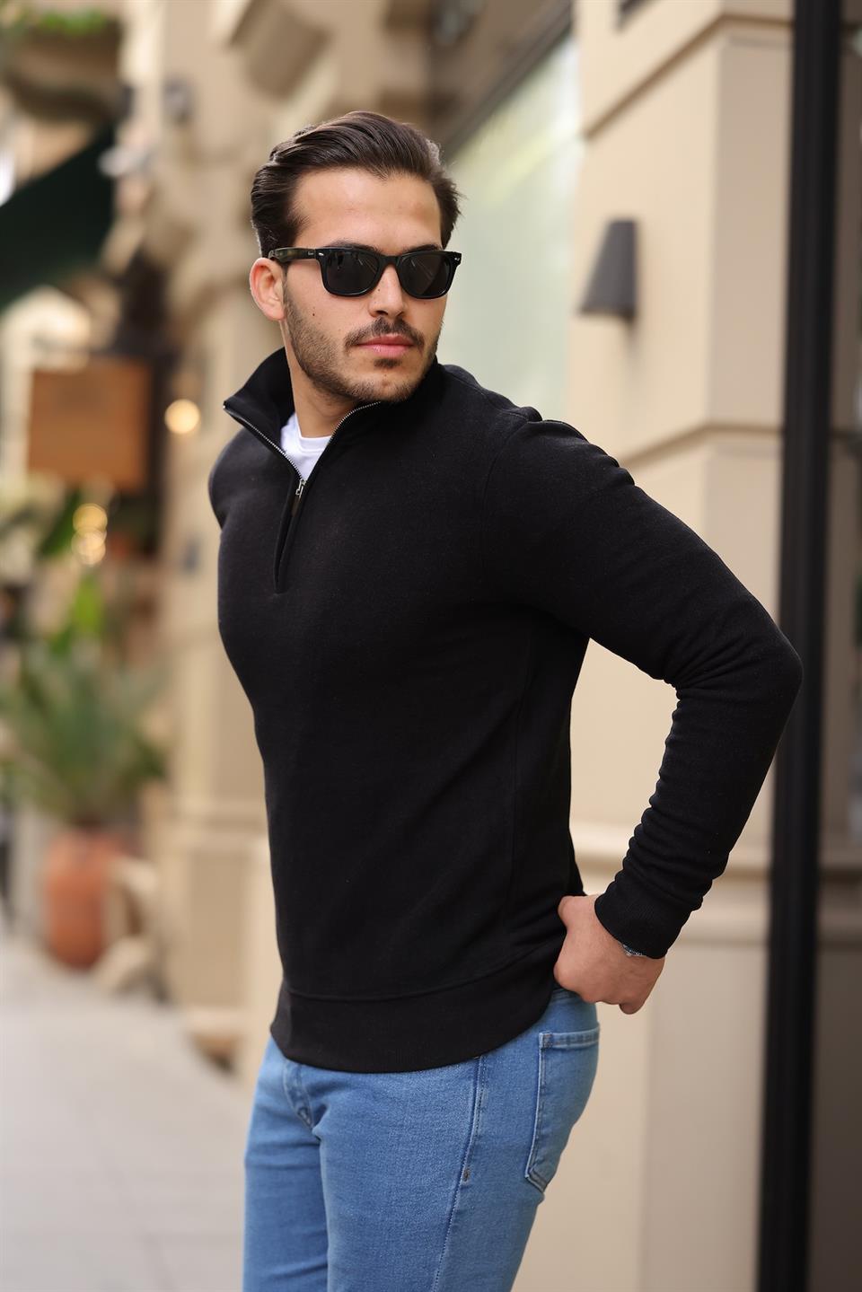 selanik örme kumaş yarim fermuar erkek sweatshirt - Justyol