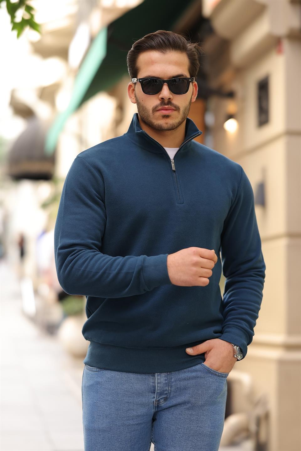 selanik örme kumaş yarim fermuar erkek sweatshirt - Justyol