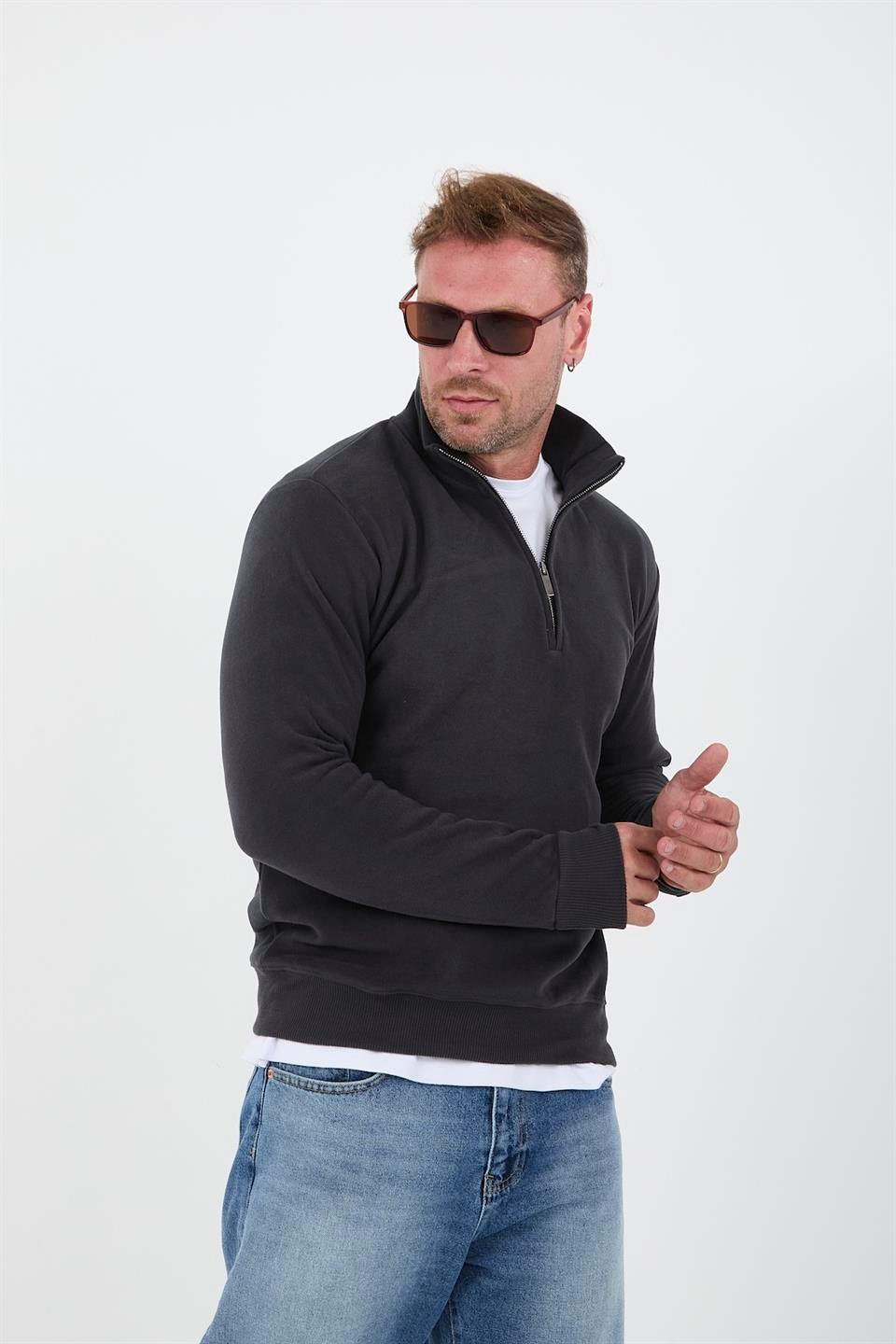 selanik örme kumaş yarim fermuar erkek sweatshirt - Justyol