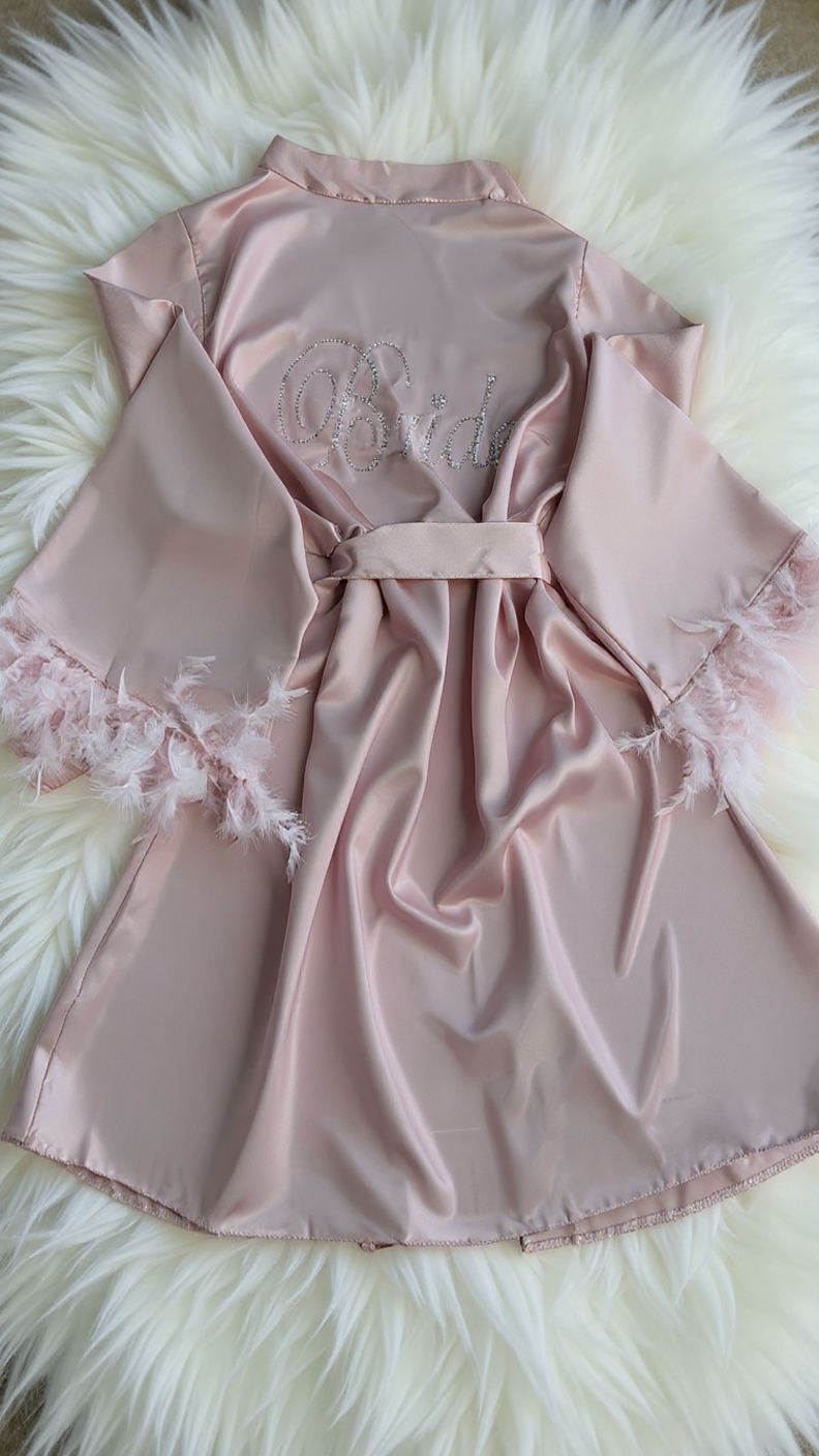 Robe 401 -Blush Pink Satin Robe with Feather Trim Erotica