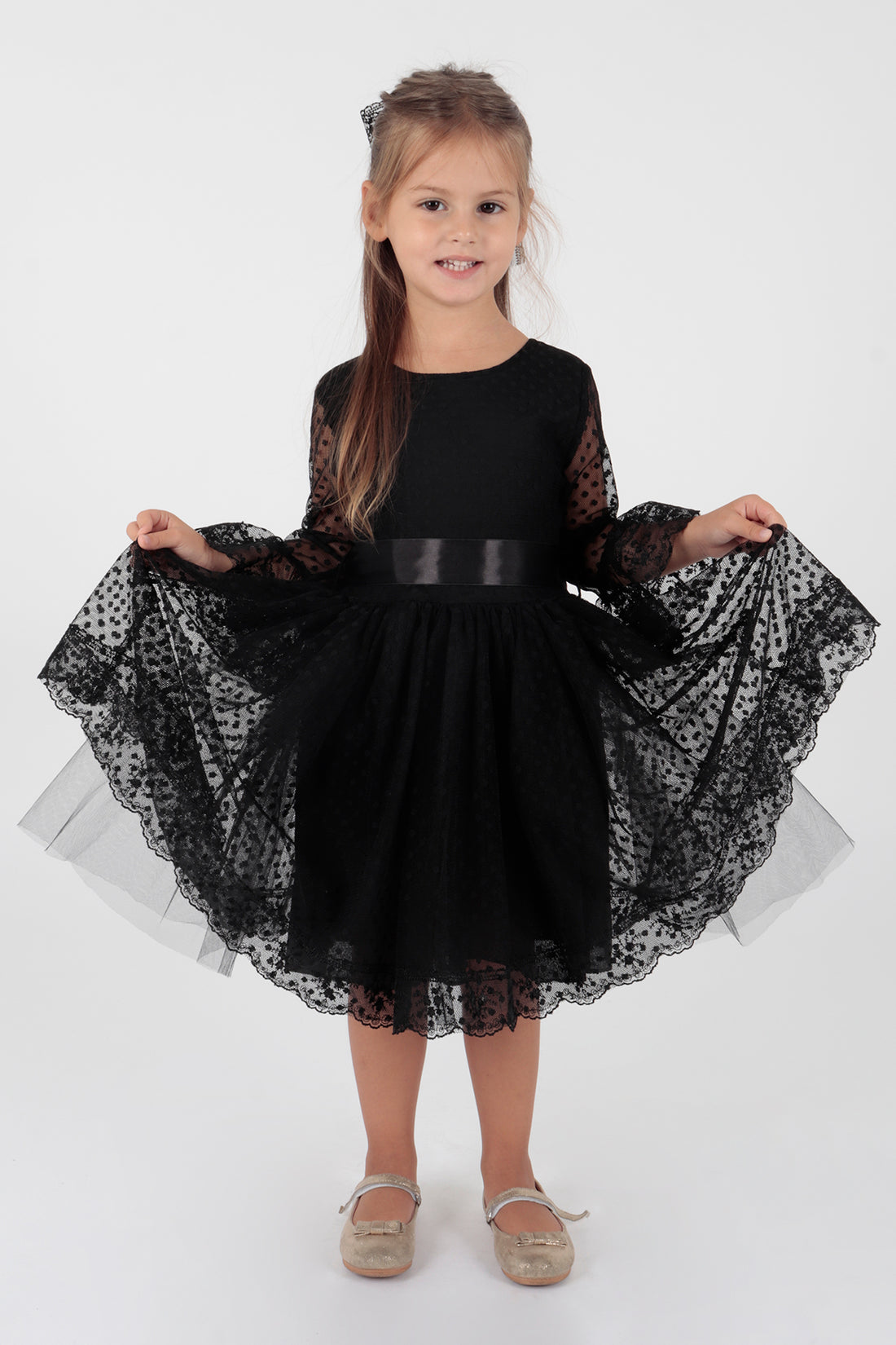 Girls' Casual Dress - Decorated with Tulle and Lace - 2 Pieces (Dress + Hairband)