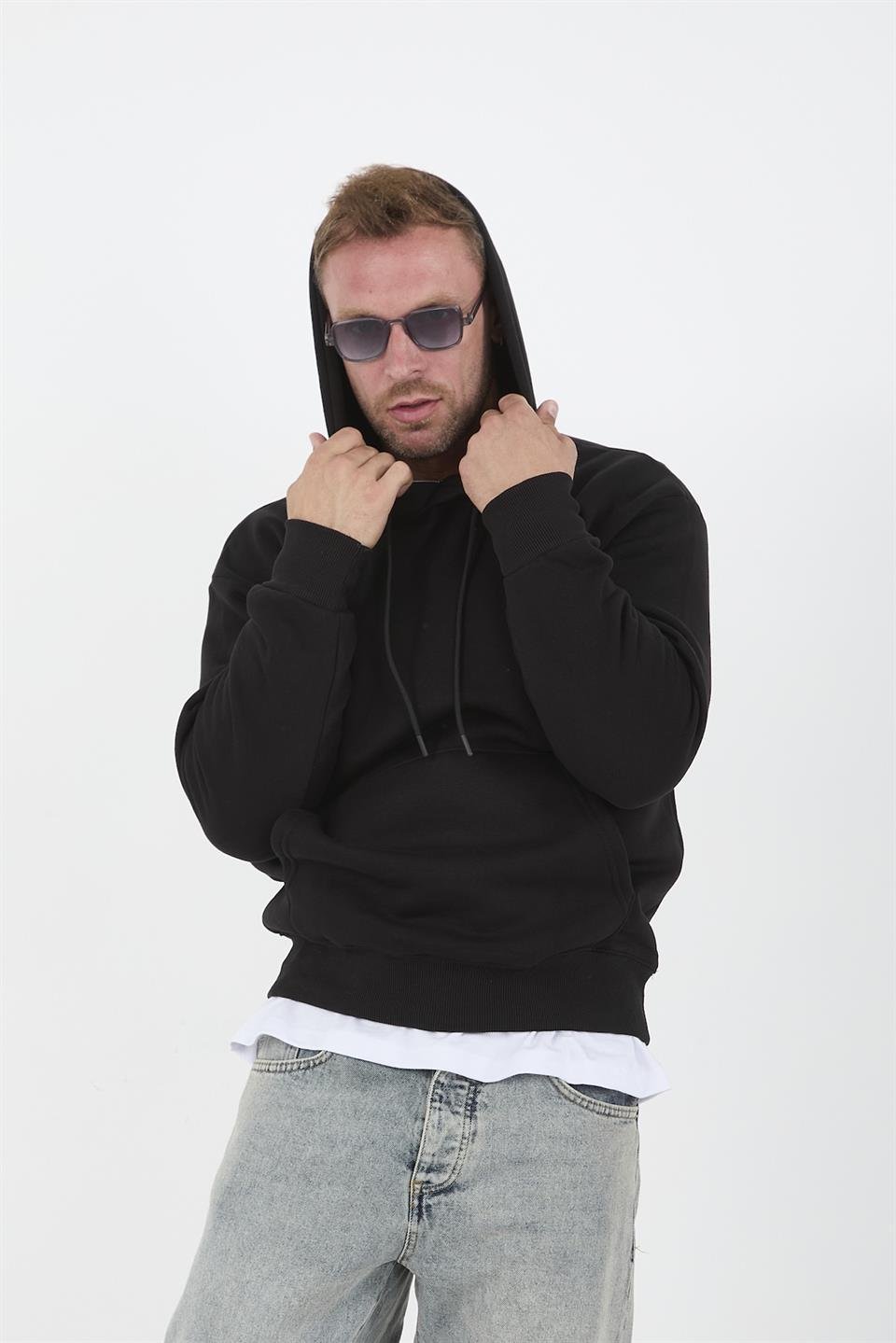 Erkek Oversize Kapüşonlu Kanguru Cepli Sweatshirt - Justyol