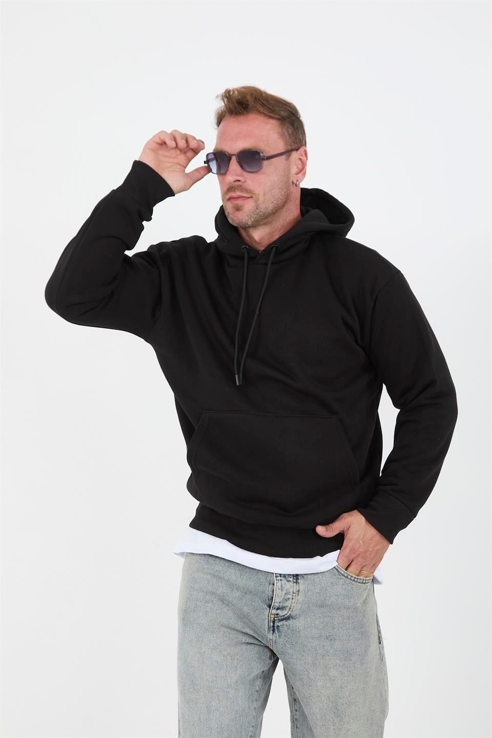 Erkek Oversize Kapüşonlu Kanguru Cepli Sweatshirt - Justyol