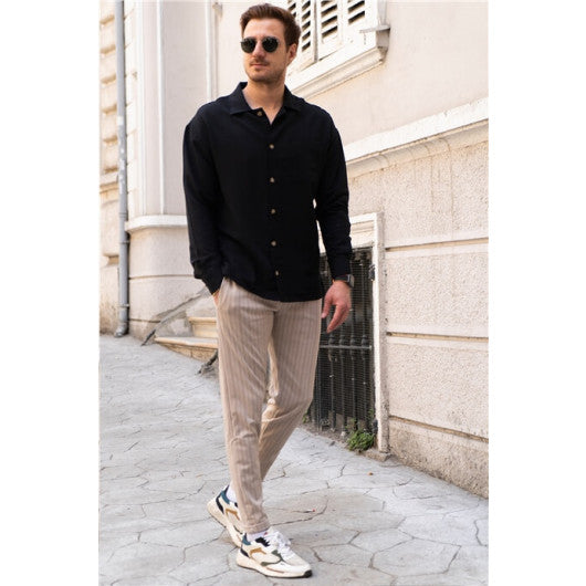 <tc>Chemise noire à manches longues oversize à coupe confortable pour homme - 21172.</tc>