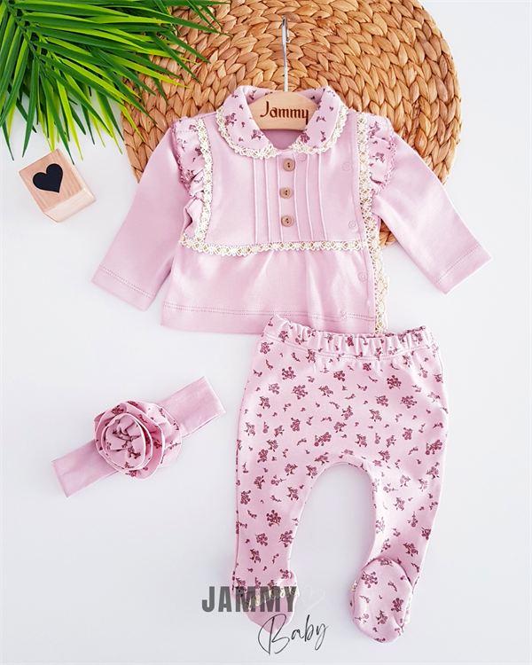 smalls lace newborn 3-piece set-dry rose