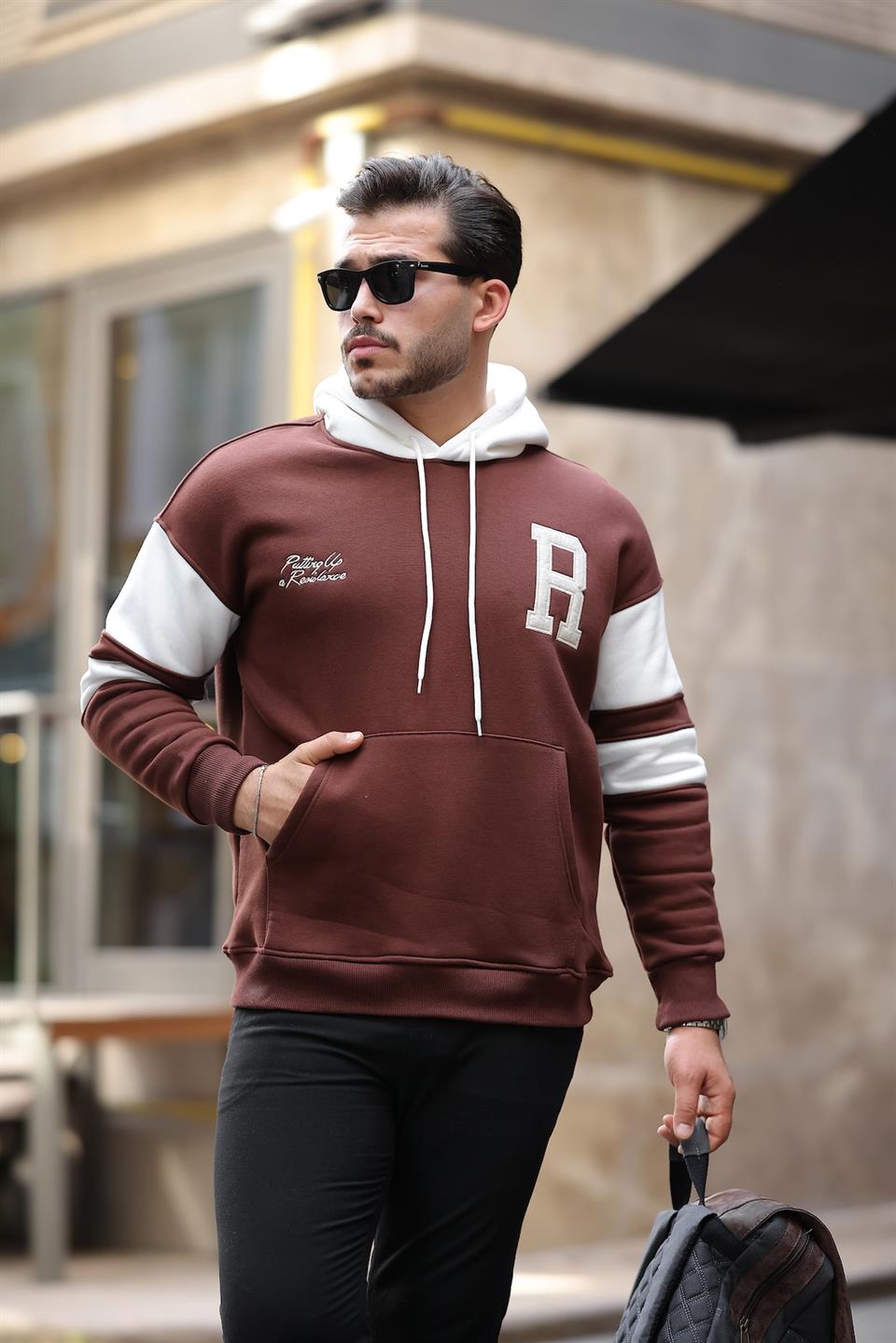 sportif şerit detayli şardonlu kapüşonlu sweatshirt