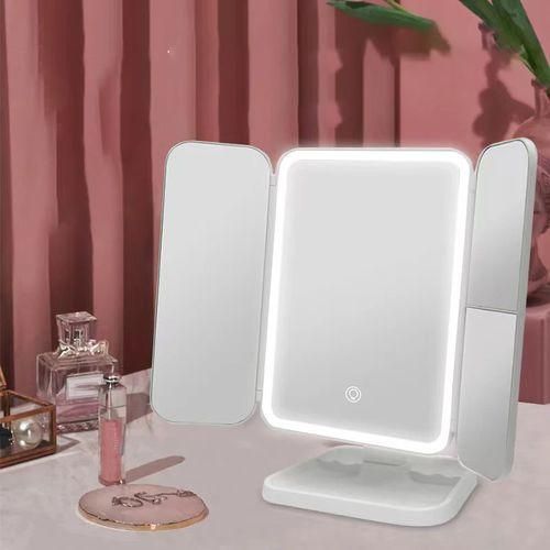 مرآة مكياج LED ثلاثية قابلة للشحن – إضاءة بثلاثة أوضاع وتكبير 1X/2X/3X