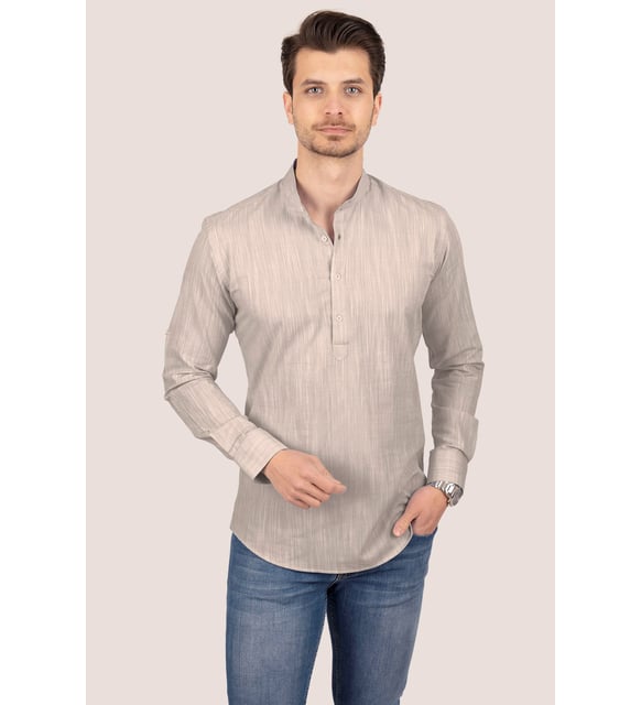 chemise homme col mao lin slim fit café au lait