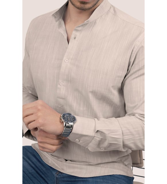 Sütlü Kahve Hakim Yaka Üç Düğmeli Slimfit Keten Gömlek - Justyol