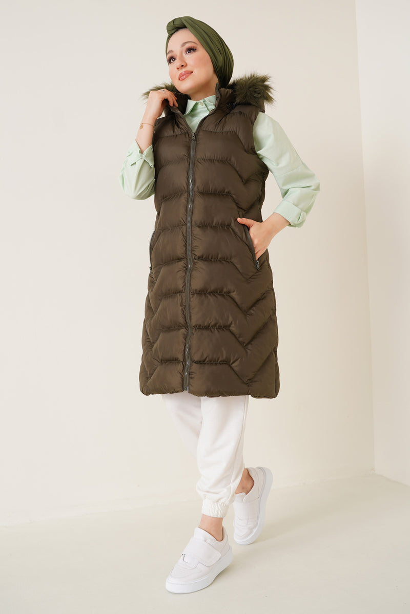 Gilet Long Femme à Capuche en Fausse Fourrure – T10233